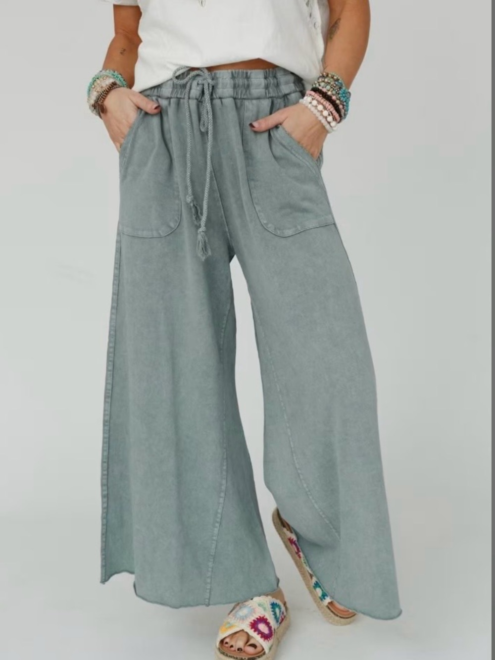 Three Bird Nest Relaxing Robin Faded Teal Boho Cropped Wide Leg Pants large